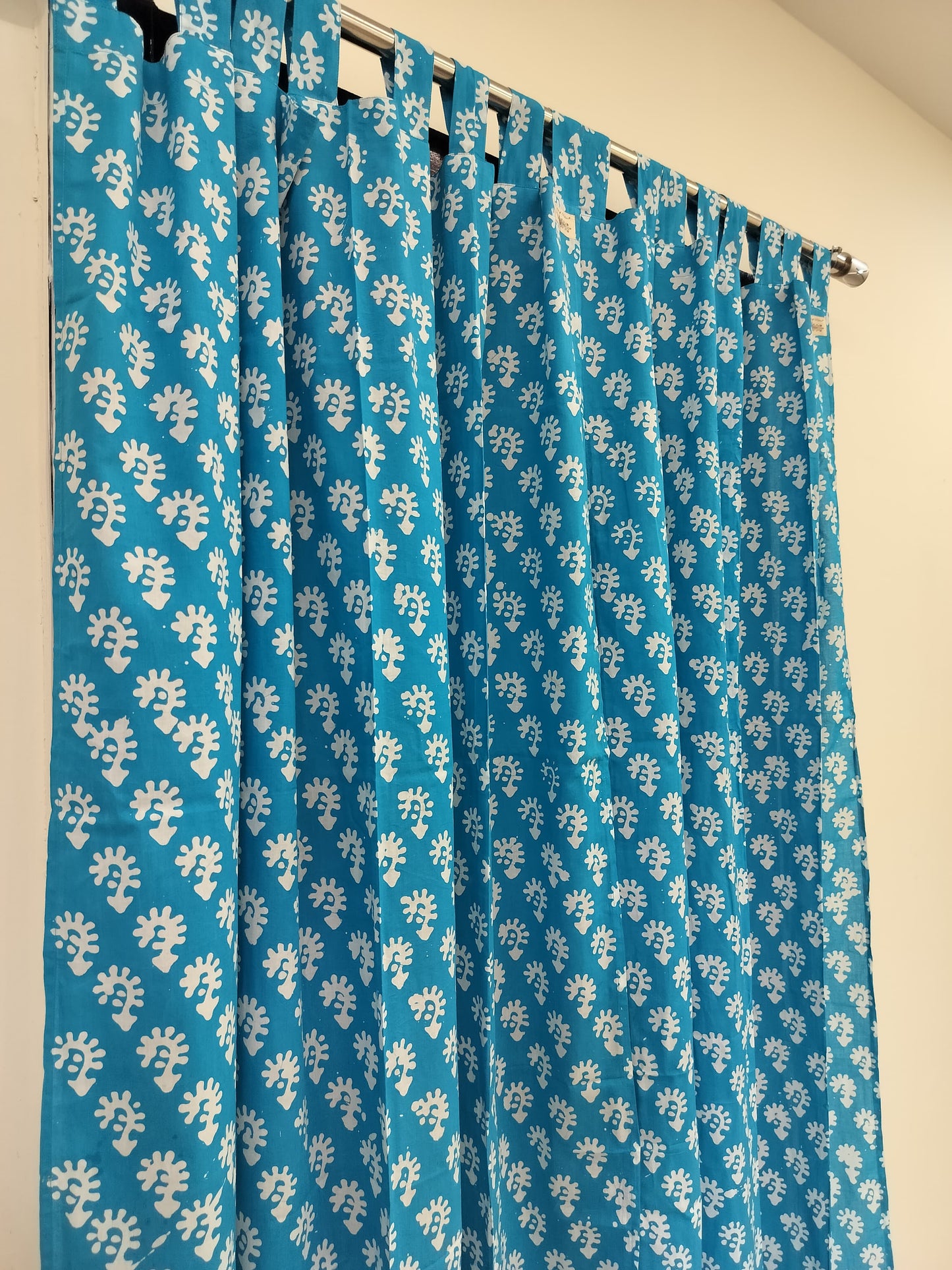Floral Handblock Print Curtains, Cerulean Blue