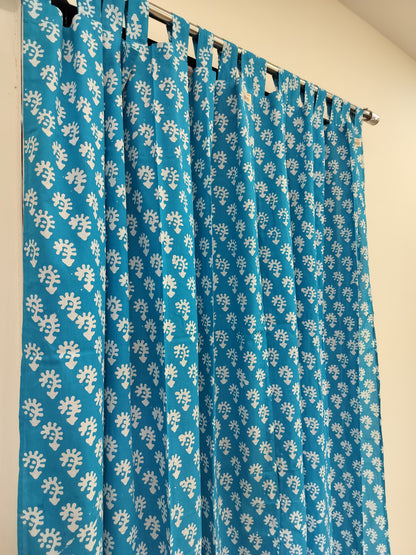Floral Handblock Print Curtains, Cerulean Blue