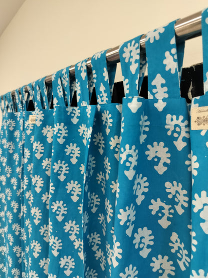 Floral Handblock Print Curtains, Cerulean Blue