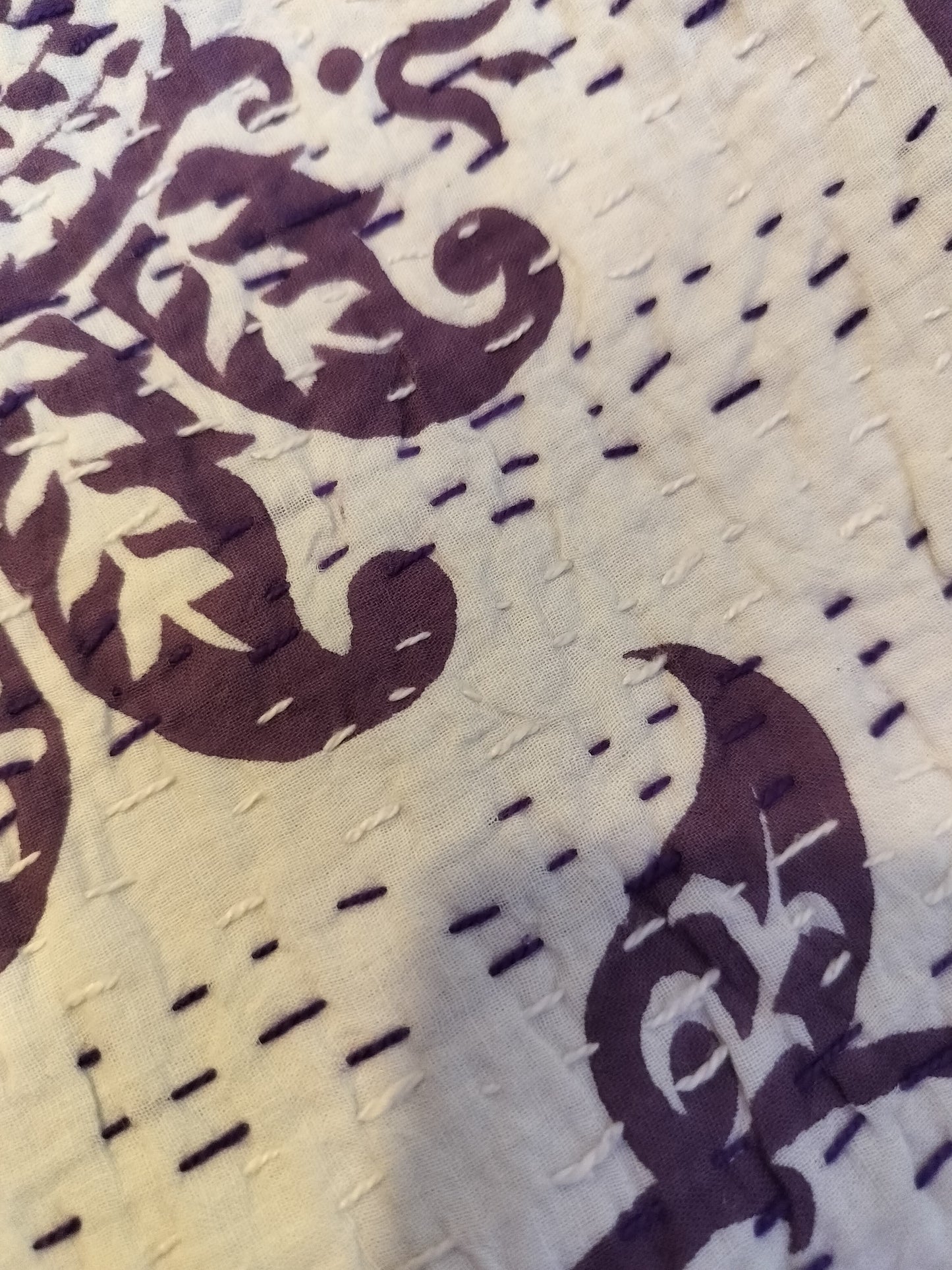 White Kantha Cushion Cover with Purple Flower Set of 2