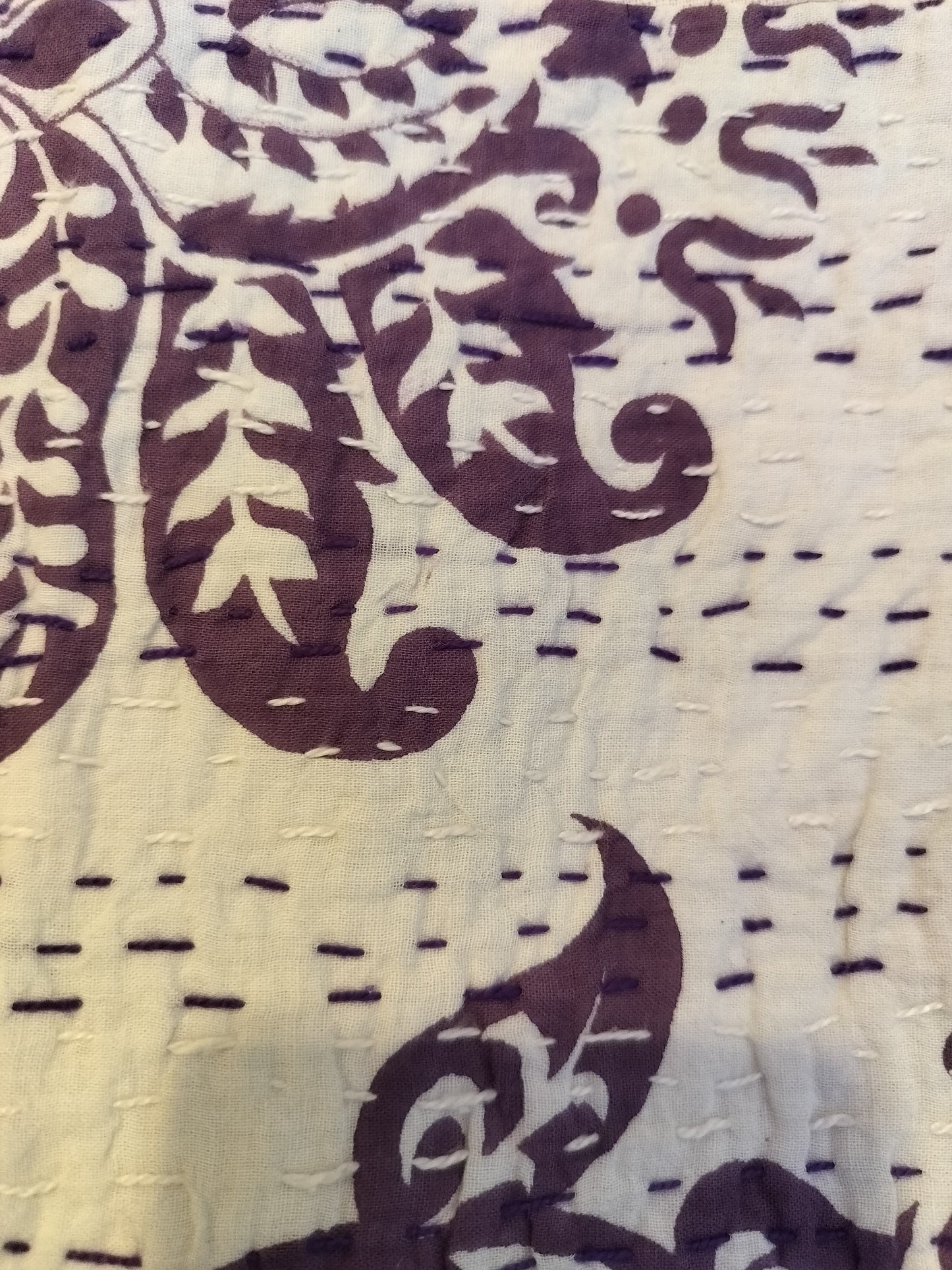 White Kantha Cushion Cover with Purple Flower Set of 2