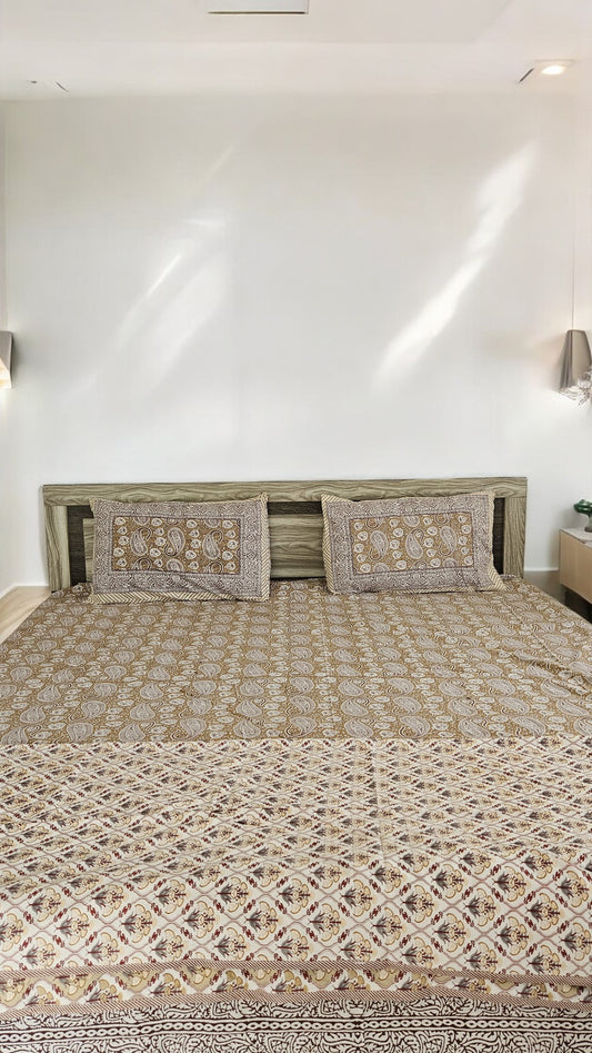 Beige Floral Double Bedsheet with 2 Pillow Cover