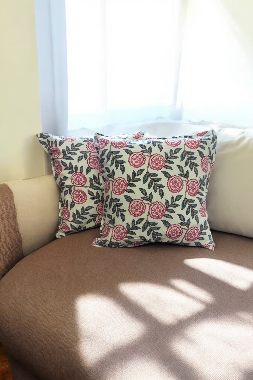Green Pink Floral Quilted  Print Cushion Cover Set of 2