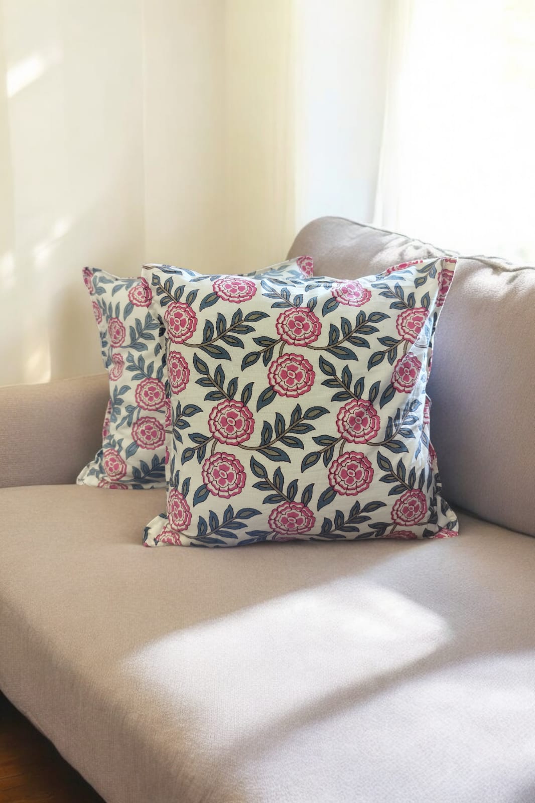 Green Pink Floral Quilted  Print Cushion Cover Set of 2