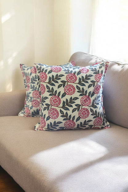 Green Pink Floral Quilted  Print Cushion Cover Set of 2