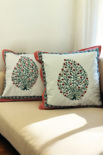 ORANGE AND WHITE LEAFY QUILTED HANDBLOCK  CUSHION COVER SET OF 2