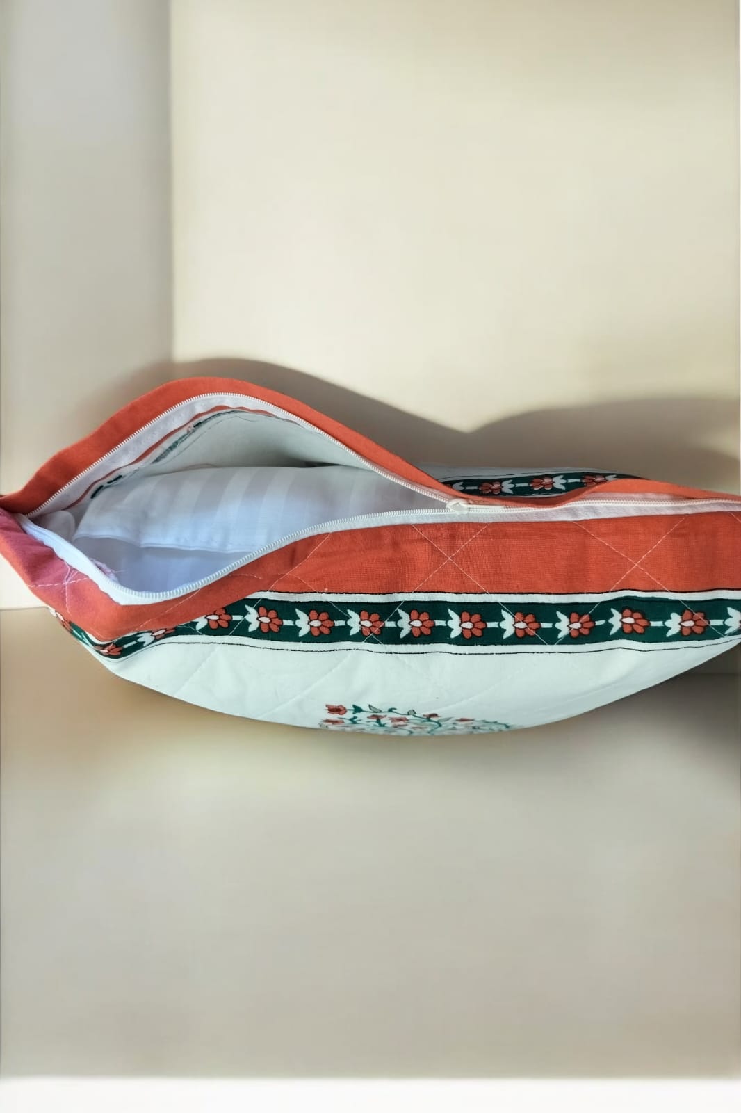 Crimson Red and Green Leaflet Quilted Handblock Cushion Cover (Set of 2)