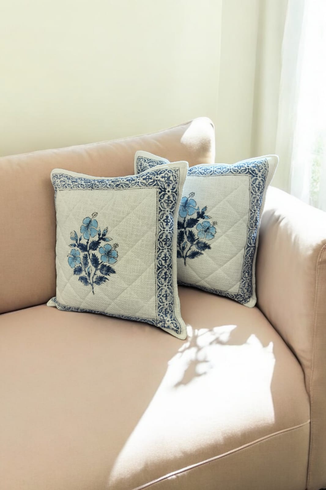 White Blue Flower Quilted Jute Cushion Cover SET OF 2