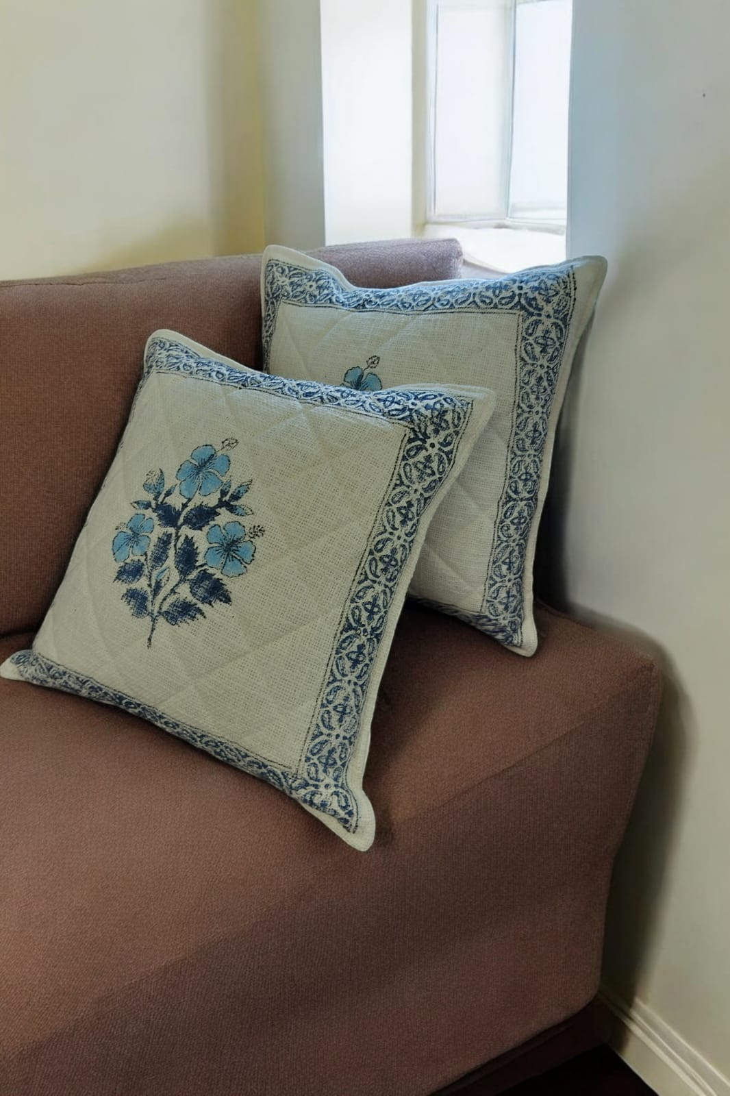 White Blue Flower Quilted Jute Cushion Cover SET OF 2