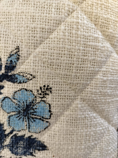 White Blue Flower Quilted Jute Cushion Cover SET OF 2