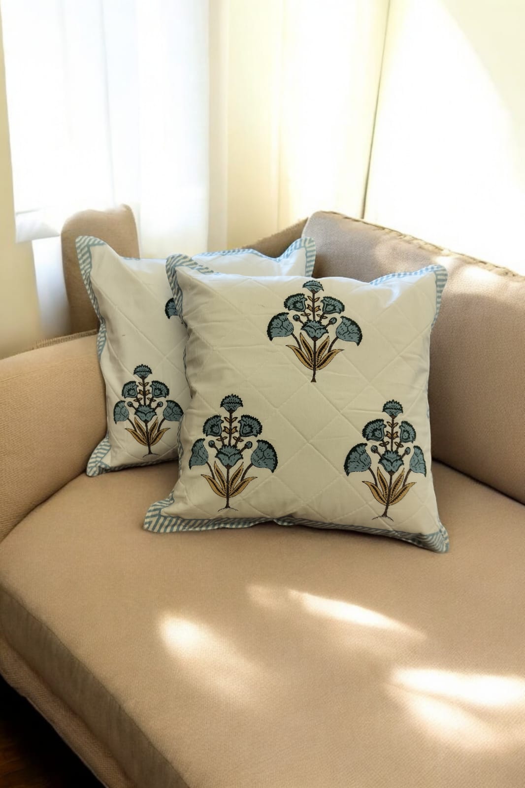 White Blue Quilted Handblock Printed Cushion Covers