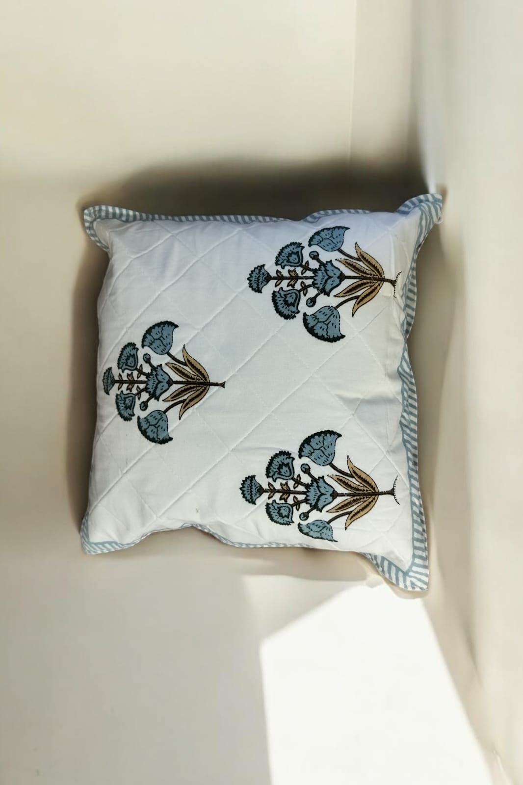 White Blue Quilted Handblock Printed Cushion Covers