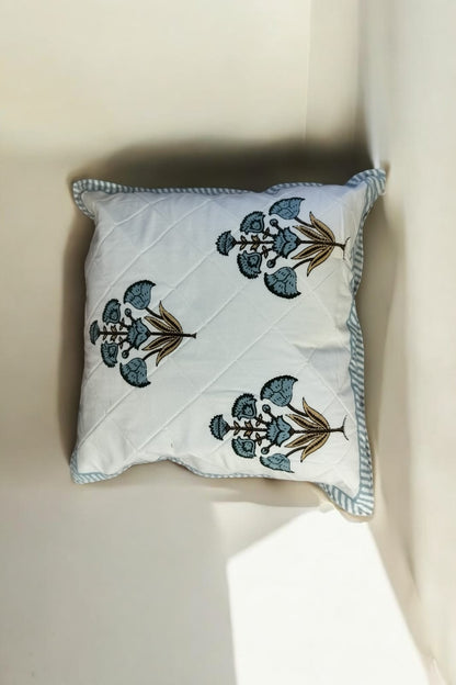 White Blue Quilted Handblock Printed Cushion Covers