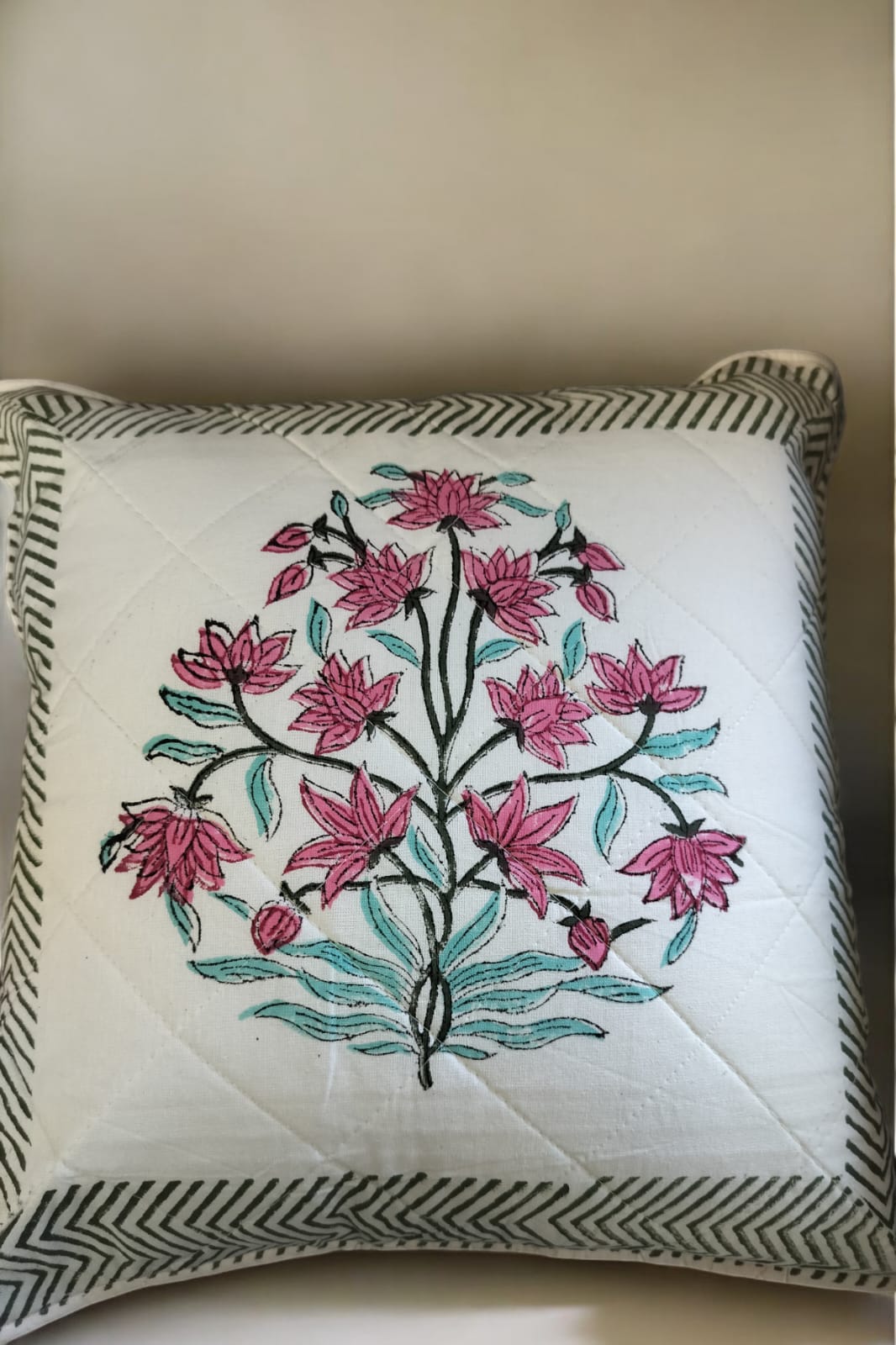 White Green Floral Quilted Handblock Printed Cushion Cover