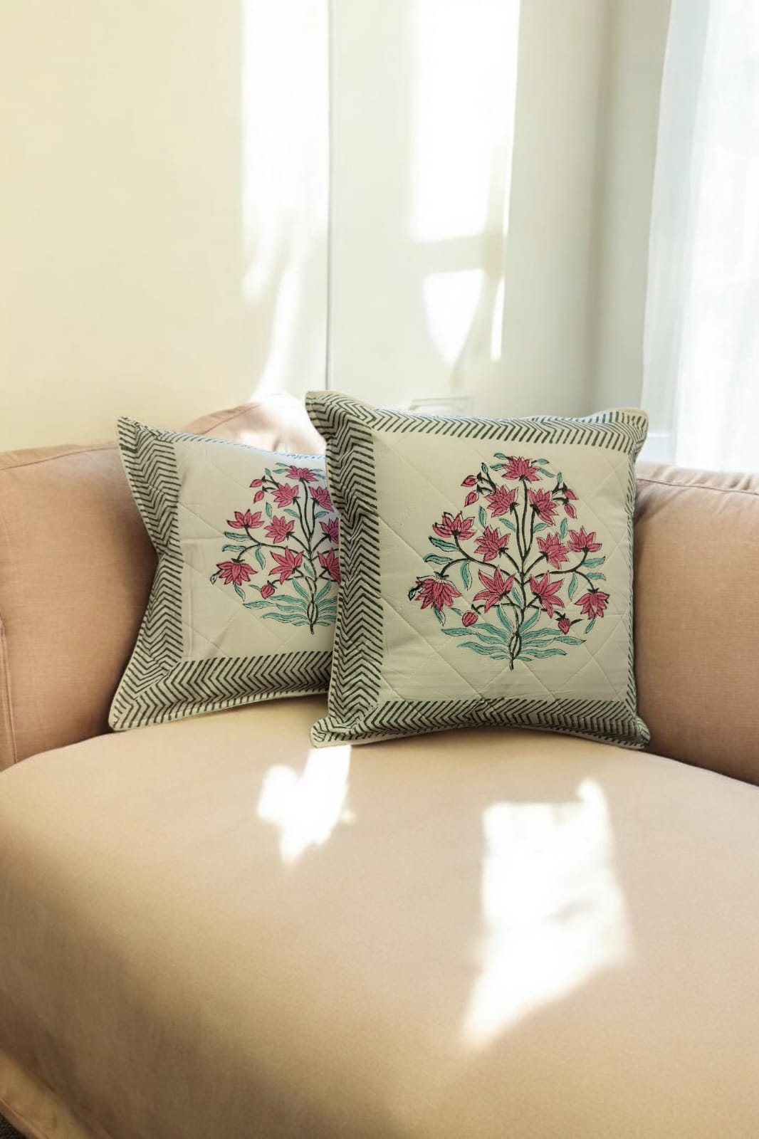 White Green Floral Quilted Handblock Printed Cushion Cover