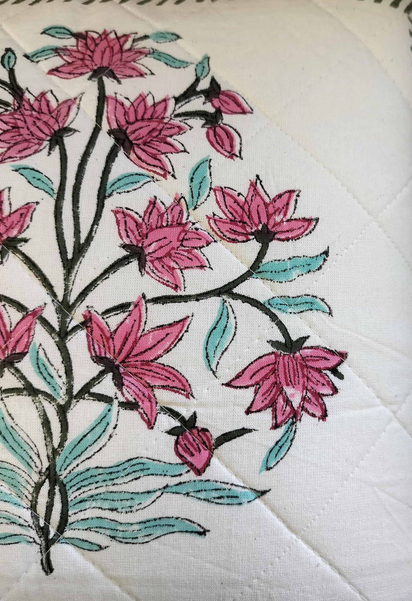 White Green Floral Quilted Handblock Printed Cushion Cover