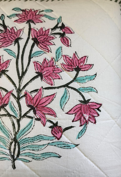 White Green Floral Quilted Handblock Printed Cushion Cover