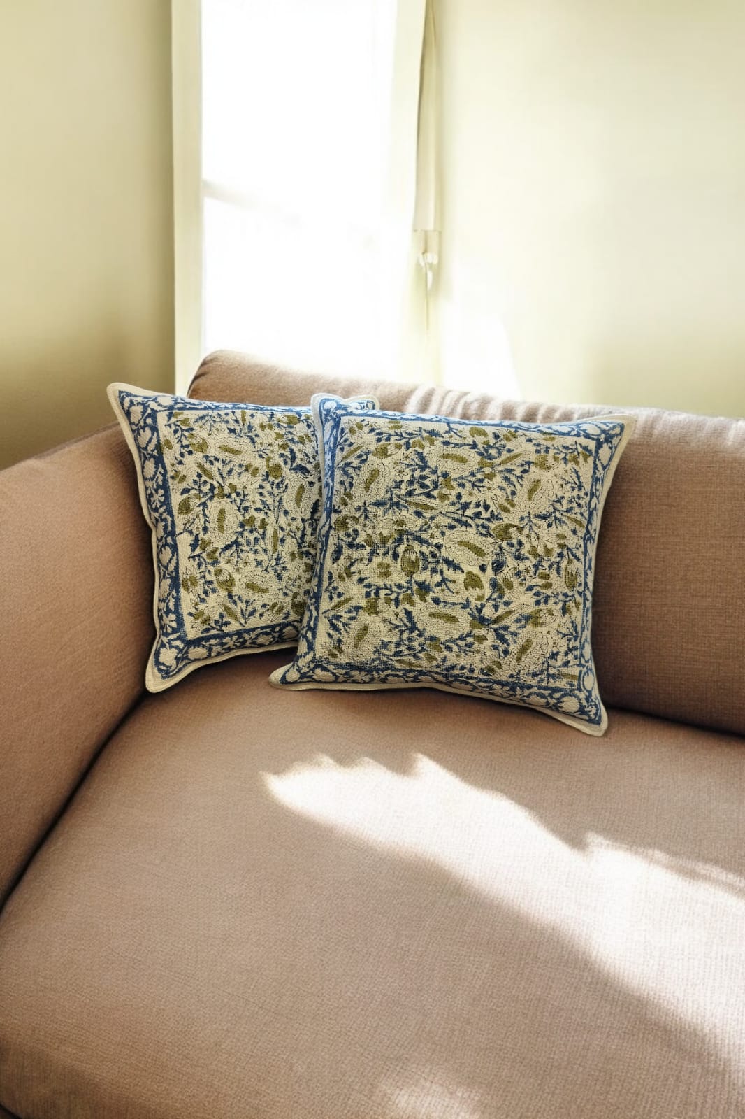 White Blue Floral Print Jute Cushion Cover SET OF 2