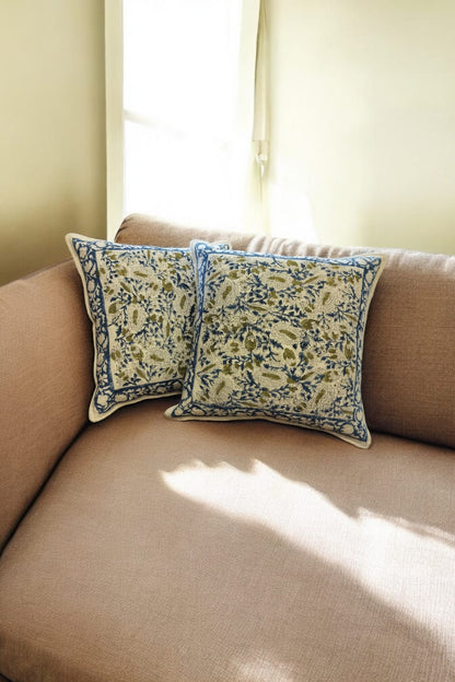 White Blue Floral Print Jute Cushion Cover SET OF 2