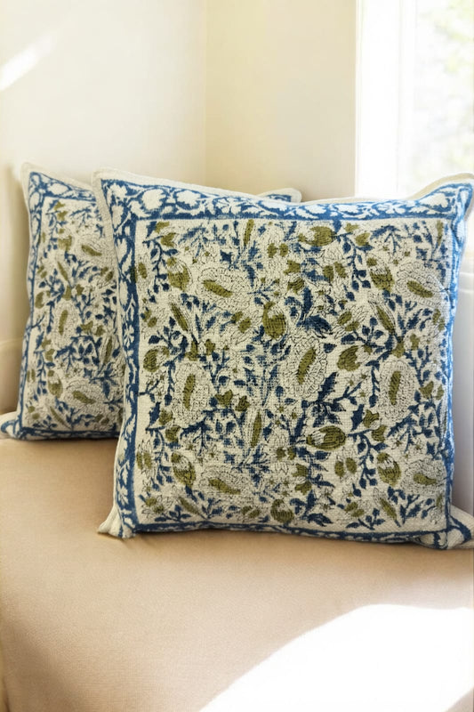 White Blue Floral Print Jute Cushion Cover SET OF 2