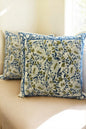 White Blue Floral Print Jute Cushion Cover SET OF 2
