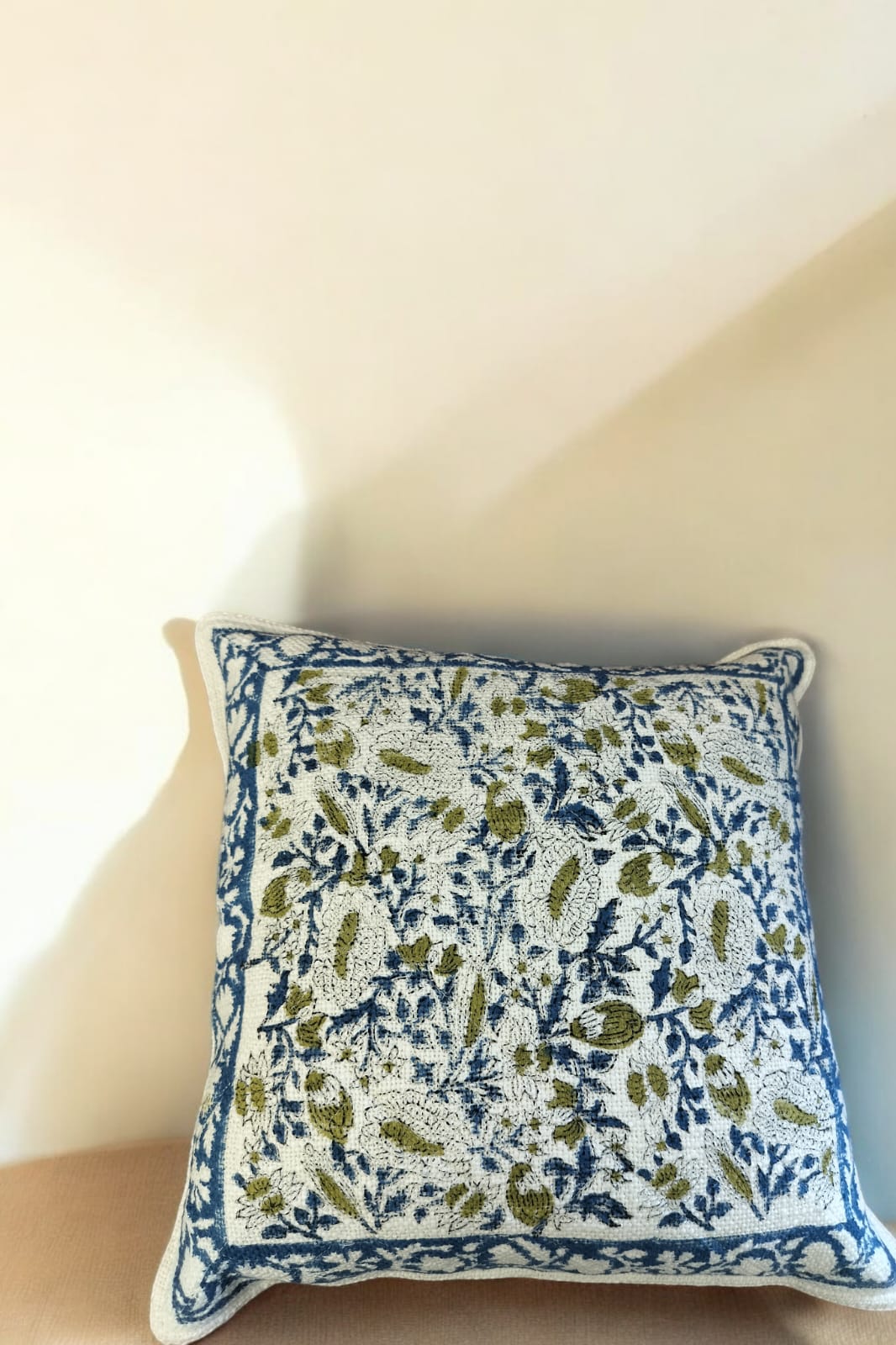 White Blue Floral Print Jute Cushion Cover SET OF 2