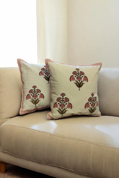 White Peach Floral Quilted Print Cushion Cover