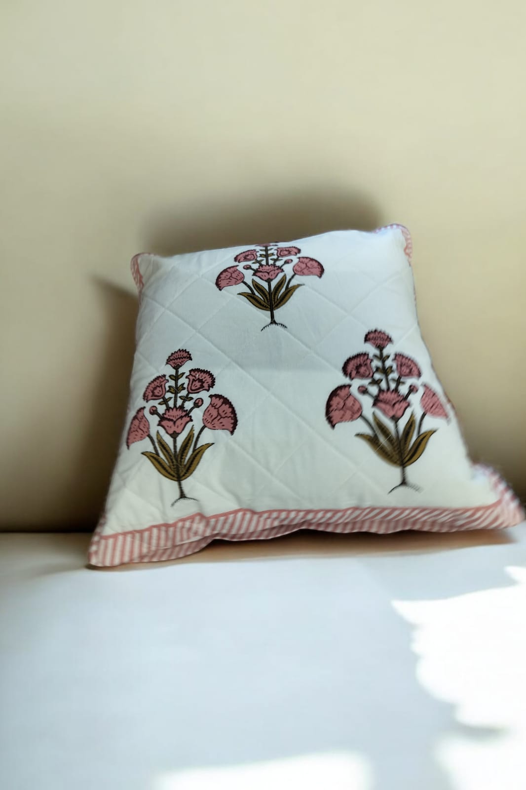 White Peach Floral Quilted Print Cushion Cover