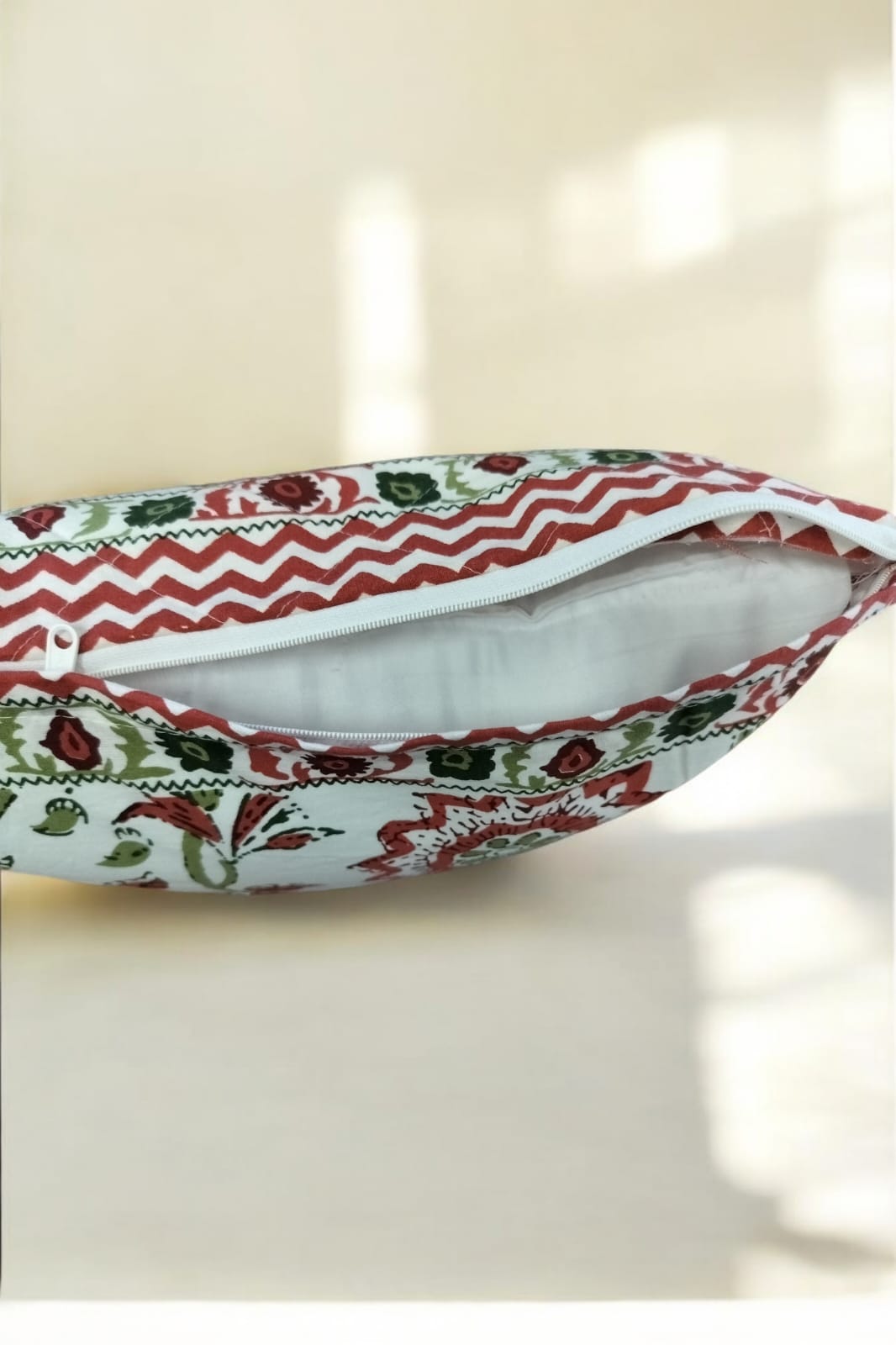 White Rose Floral Print Quilted Handblock Cushion Cover Set of 2