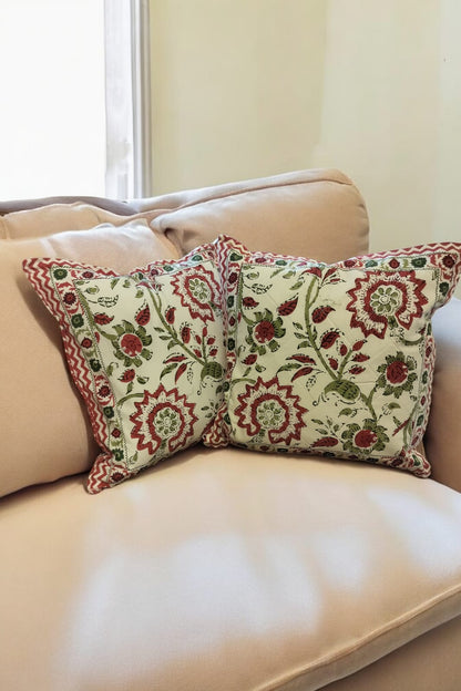 White Rose Floral Print Quilted Handblock Cushion Cover Set of 2