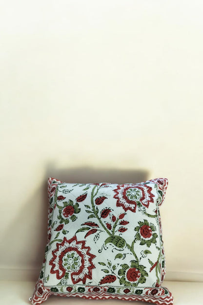 White Rose Floral Print Quilted Handblock Cushion Cover Set of 2