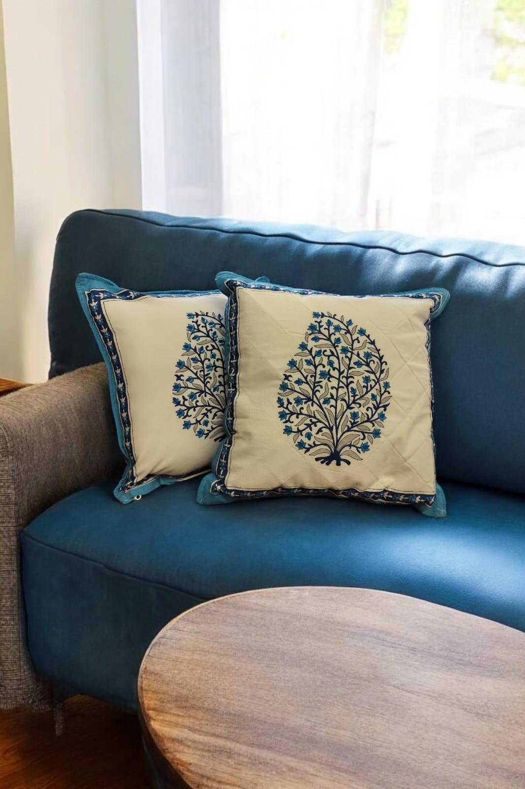 White and Blue Leaflet Quilted Handblock Cushion Cover