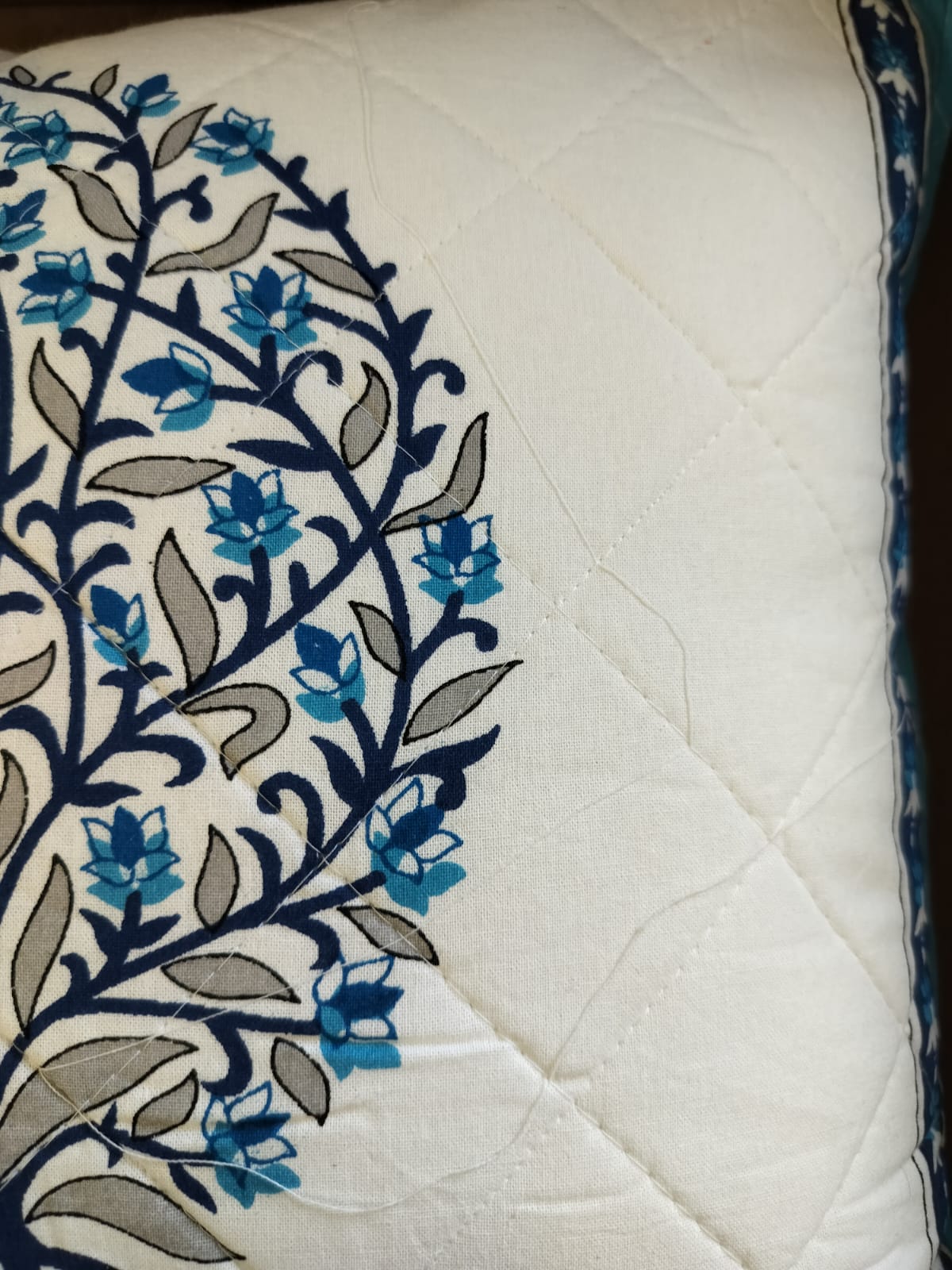 White and Blue Leaflet Quilted Handblock Cushion Cover