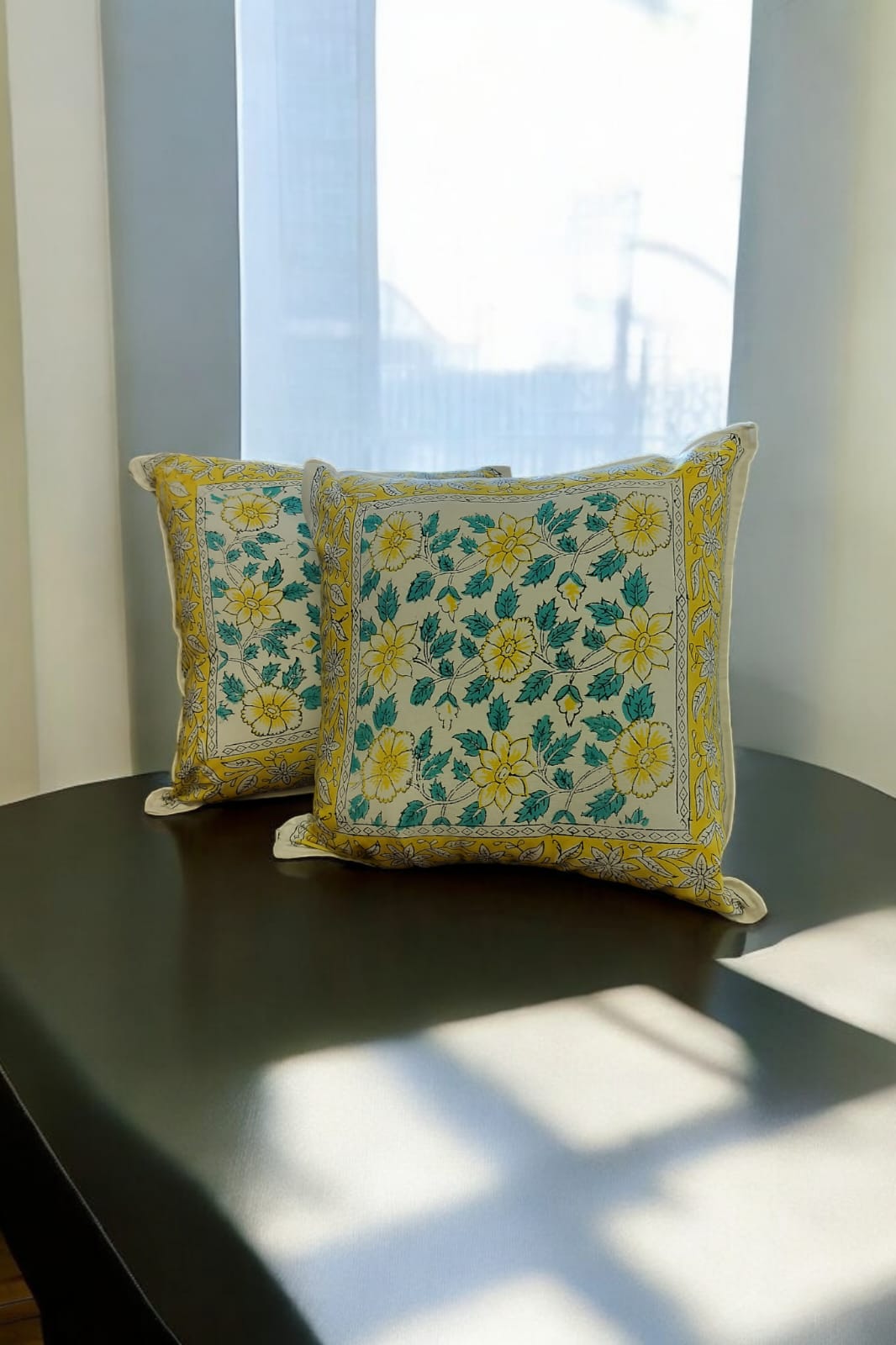 Yellow and White Floral Print Handblock Cushion Cover