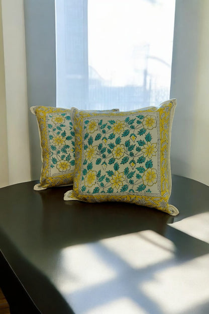 Yellow and White Floral Print Handblock Cushion Cover