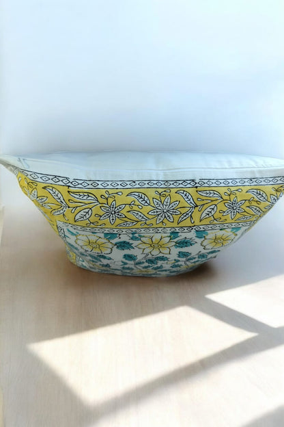 Yellow and White Floral Print Handblock Cushion Cover