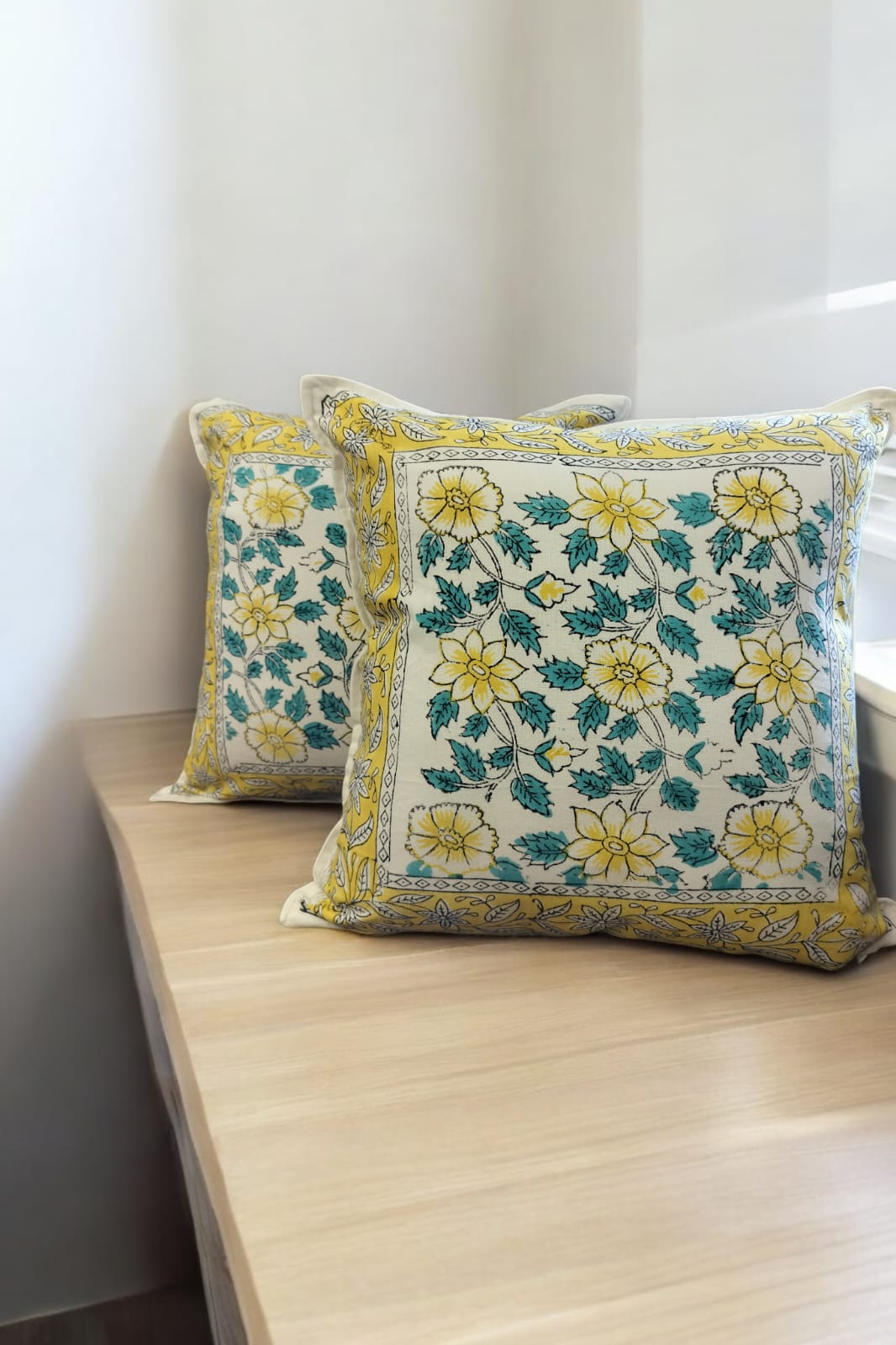 Yellow and White Floral Print Handblock Cushion Cover