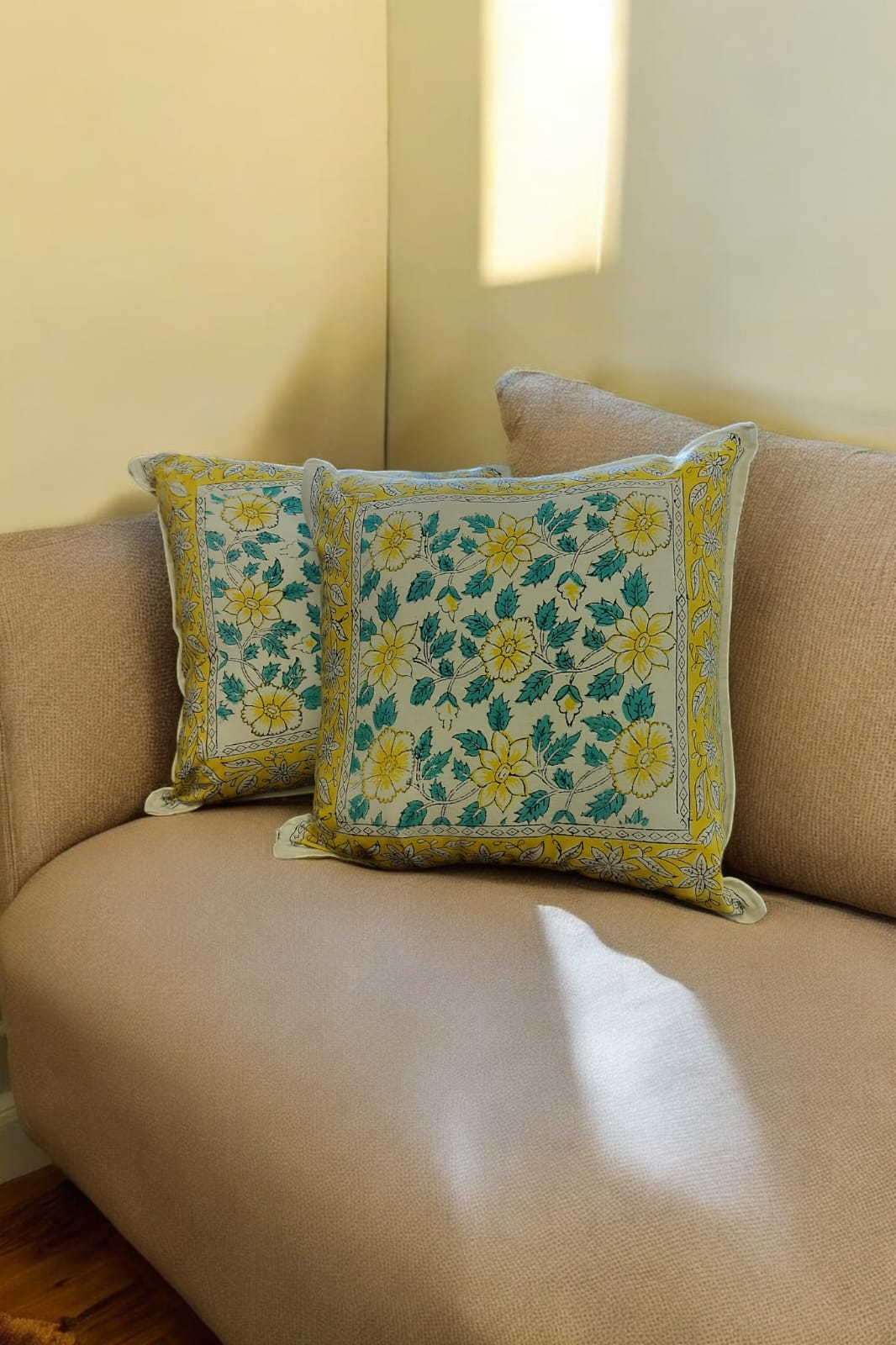 Yellow and White Floral Print Handblock Cushion Cover