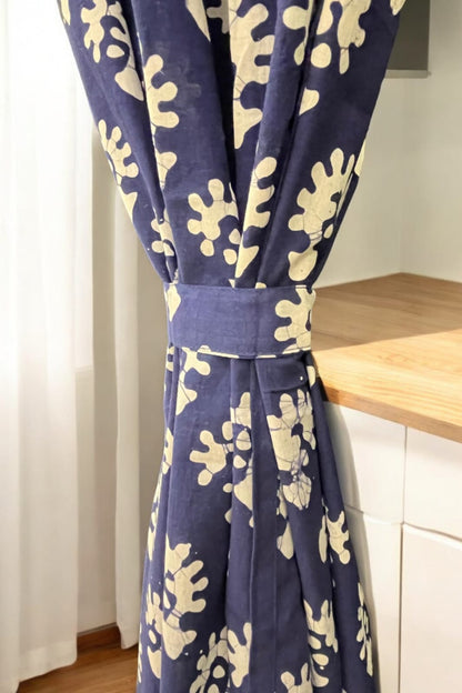 Dark Blue Floral Handblock Print Curtain