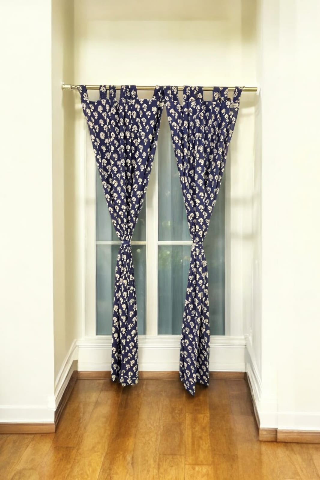 Dark Blue Floral Handblock Print Curtain