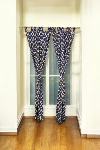 Dark Blue Floral Handblock Print Curtain