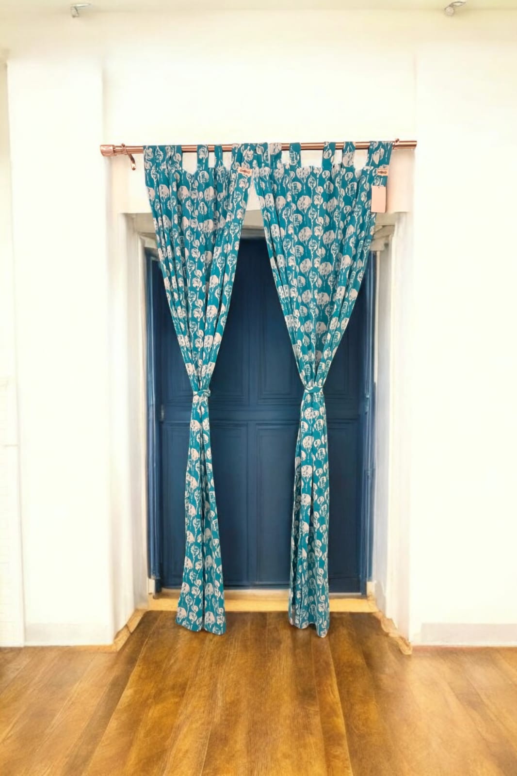 Blue Floral Handblock Print Curtains (Set of 2)