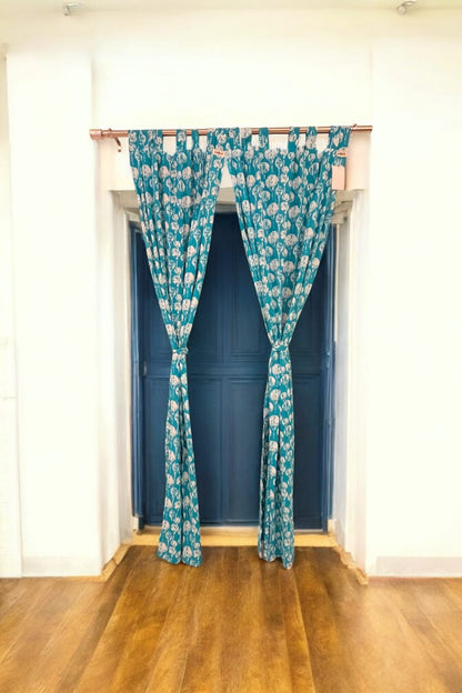 Blue Floral Handblock Print Curtains (Set of 2)