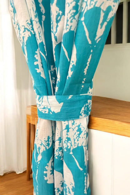 Blue Floral Handblock Print Curtains (Set of 2)