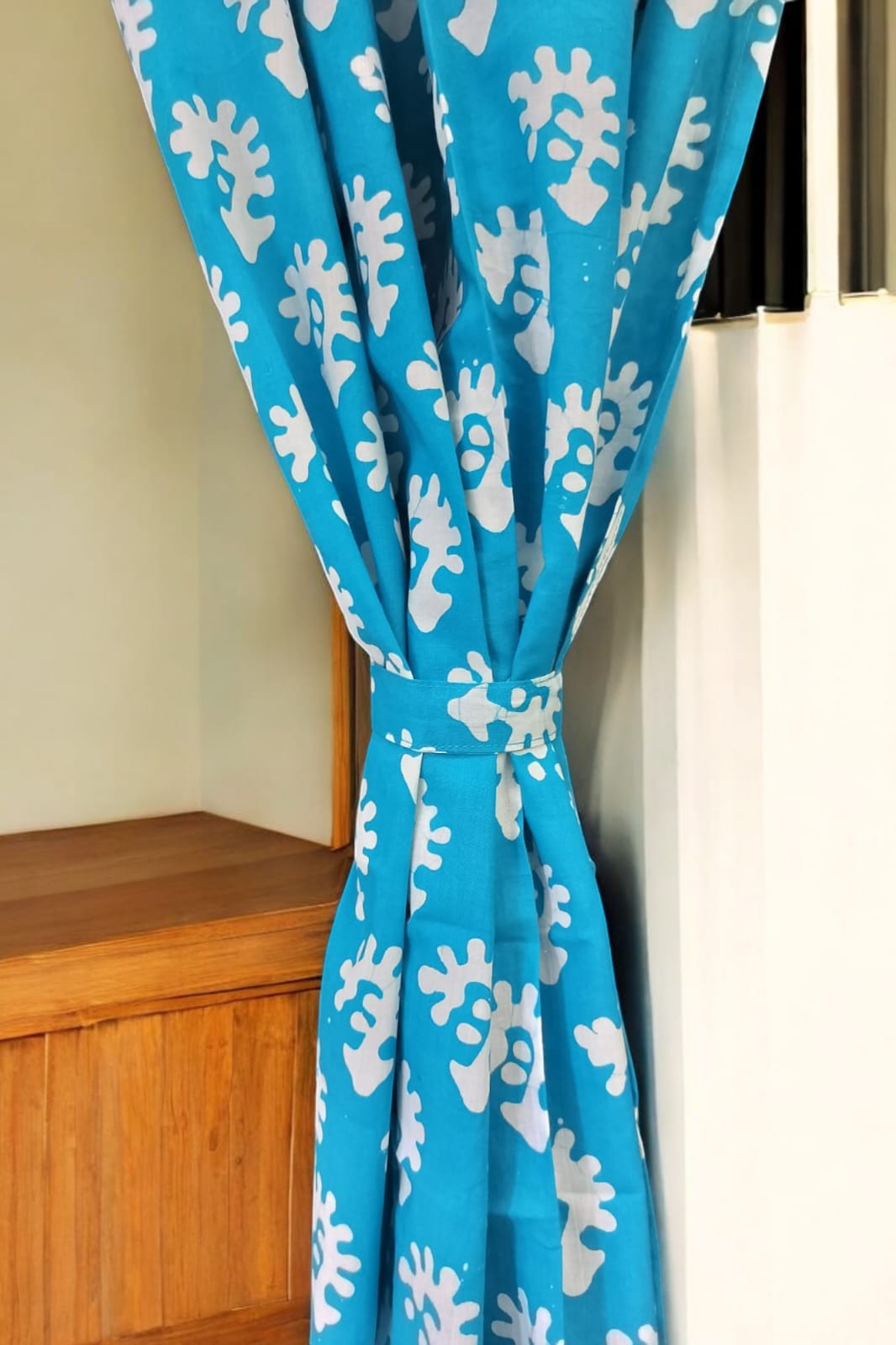 Floral Handblock Print Curtains, Cerulean Blue