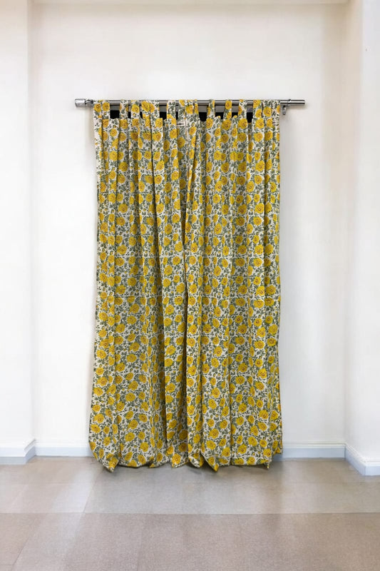 Yellow Floral Handblock Print Curtains