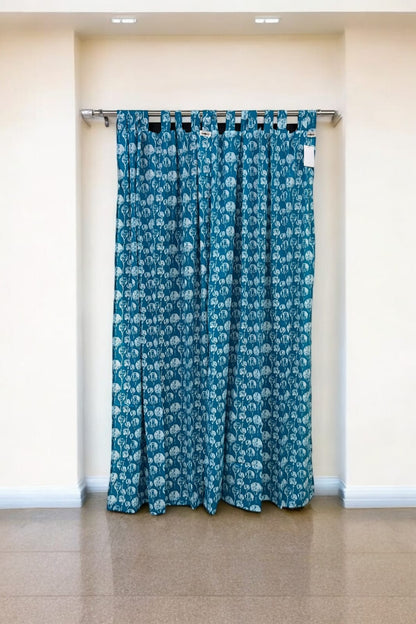 Blue Floral Handblock Print Curtains (Set of 2)