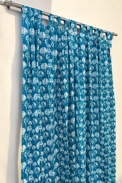 Blue Floral Handblock Print Curtains (Set of 2)