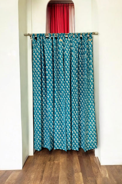 Floral Handblock Print Curtains, Cerulean Blue