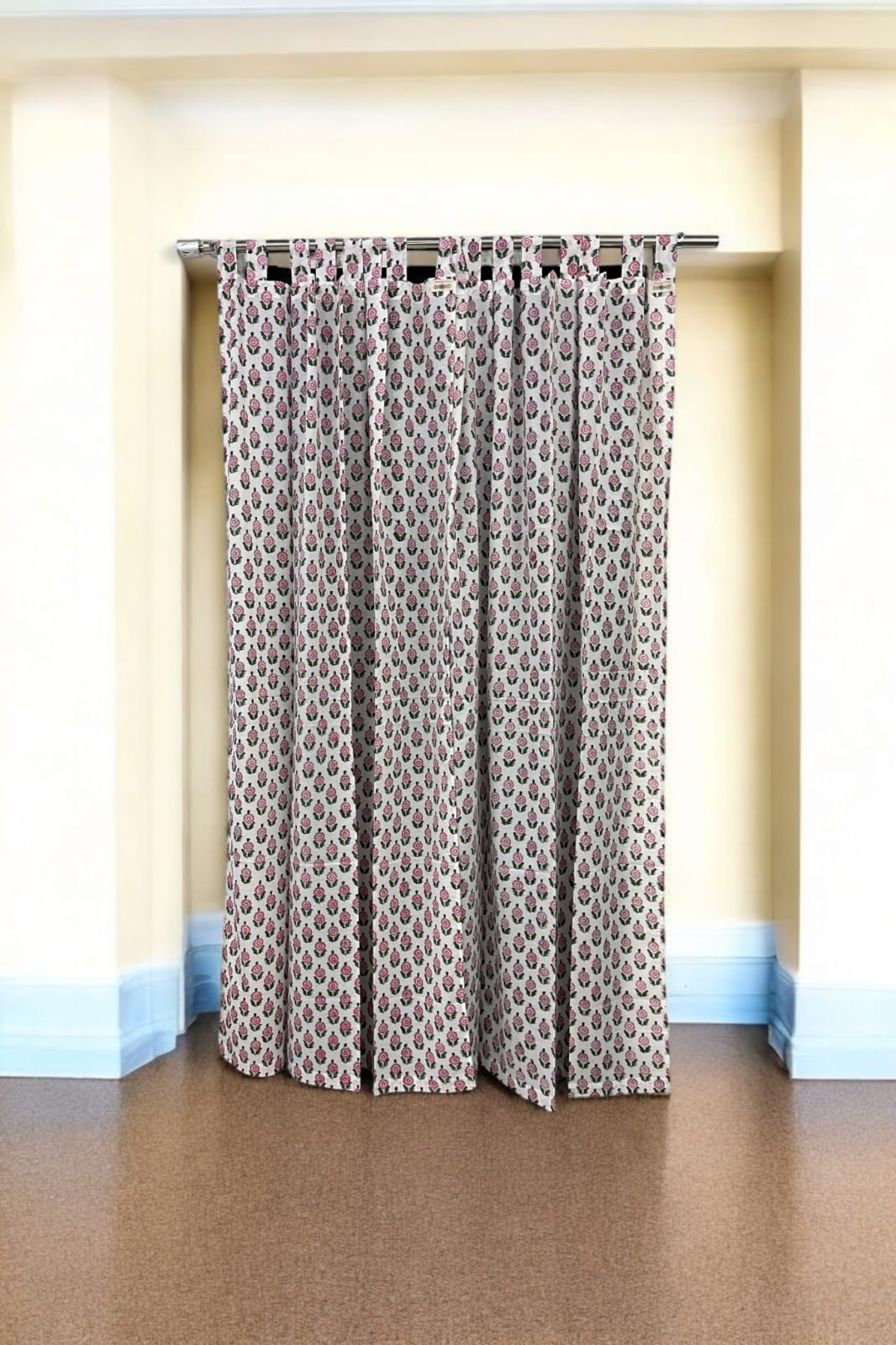 White Pink Floral Handblock Print Curtains